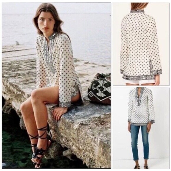 Tory Burch Kingfish Print Sequin Embellished Ivory Cotton Tunic Size 8 NWT - Picture 3 of 11